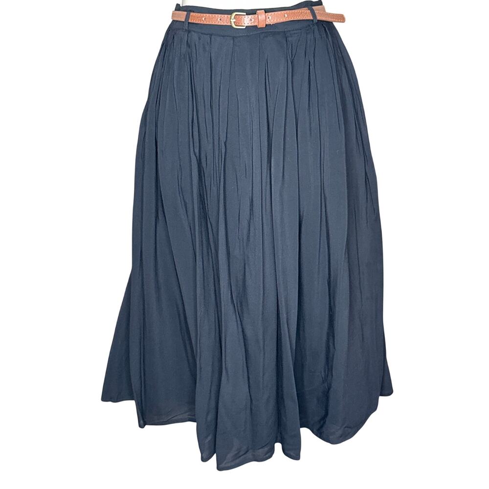 Tulip B Unique Vintage Black Belted Retro A-line Swing Midi Skirt L NWT